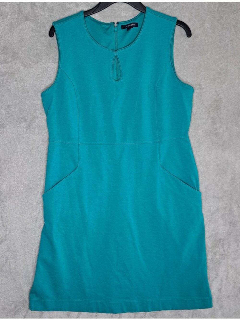 Lands End Size 14P Teal Blue Sleeveless Round Neck Sheath Midi Dress Chic Style